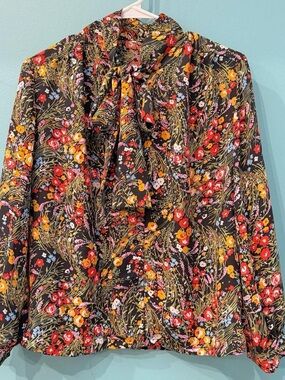 Floral Tie-Neck Long Sleeve Blouse - Black with Red & Yellow Floral Print